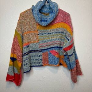Sincerely Jules Colorful Patchwork Cowl Neck Chunky Bell Sleeve Sweater Size XS